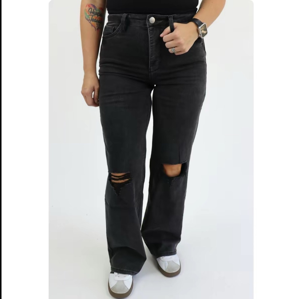 Women's black Distressed wide leg Jeans